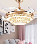 42 Inch Crystal Chandelier Ceiling Fan With Invisible Blades And Wall Control Featuring Slick Airflow And Top Shelf Led Illumination Offering Three Color Tint Options For A Gold Room Refresh in modern living space.