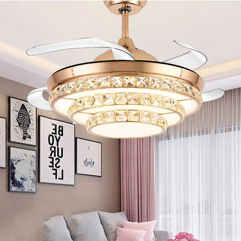 Fresh 42 Inch Gold Crystal Ceiling Fan With Silky Quiet Blades And Straight Fire LEDs Three Color Changing Modes in living room