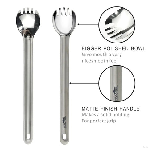 Ultra Lightweight Titanium Spork Multitool For Camping And Outdoors Long Spork With Spoon And Fork Combo shown with polished bowl and matte handle.