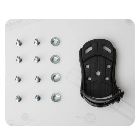 Heavy Duty Snowboard Binding Screws With Anti Loosening Locking Patches For No Sweat Mounting and solid grip with black binding and screws.