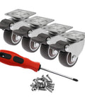 4 Pack 1.25 Inch Caster Wheels With Brakes Rubber Swivel Heavy Duty Casters With 360 Degree Top Plate 140 Lbs Total Capacity Includes 20 Screws And Free Screwdriver For Easy Installation Ideal For Tool Carts And Rolling Benches shown with screws and screwdriver