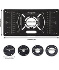 Solid Build Aluminum Router Table Insert Plate With Dual Inch And Centimeter Markings Universal Fit Badass Upgrade For Woodworking Enthusiasts Black Finish No Sweat Installation displayed with rings and dimensions.