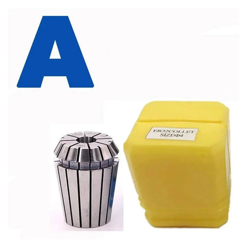 Heavy Duty Spring Collet Set For Engraving And Milling Machines Including ER25 Chuck showing polished steel collet and yellow storage case.