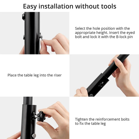 Knockout Black Table Leg Extenders And Adjustable Height Risers For Folding Tables showing step-by-step tool-free installation.