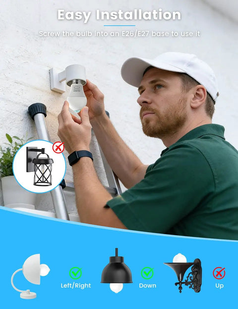 Motion Sensor LED Bulbs E26 Base Dusk To Dawn Activation Auto Light Up When Motion Is Detected At Night 8 To 16 Feet Range Turns Off After 30 To 45 Seconds Energy Efficient Long Lasting Security Lighting For Indoor Or Outdoor Use installed in E26/E27 wall fixture