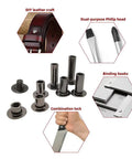 Badass Grip Chicago Screws And Round Flat Head Leather Rivets Assortment Pack With Slick Dark Steel Coating Plus Eight Size Options To Handle Any Heavy Craft Work Or Footwear Fix Right Up, showing assorted rivets and tools.