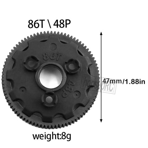 86T 48P black nylon spur gear from Beefy Nylon 48P 86T Spur Gear Upgrade Kit for 1/10 Slash 2WD RC cars showing measurements.