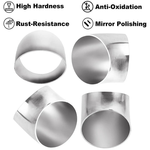 Four Pack 2.5 Inch 45 Degree Exhaust Elbow Pipe Slick 304 Stainless Steel Heavy Duty Mandrel Bend Tailpiece shown from different angles.