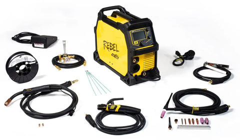 Rebel EMP 205ic AC DC Multi-Process Welder For MIG, STICK, And TIG With High Frequency Start, Pulse DC, Balance And Frequency Adjustments, SmartMIG Technology, Ideal For Pros And Hobbyists In The Shop