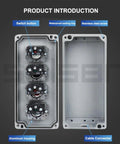 Front view of aluminum push-button control box with four switches and a cable connector