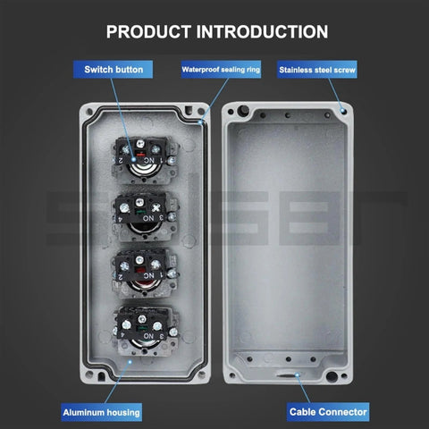 Front view of metal explosion-proof push-button control box with four switches in aluminum housing; waterproof enclosure