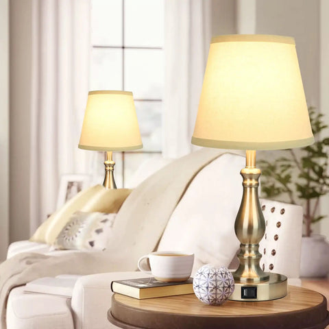 Brushed Nickel Table Lamp Set Of 2 For Nightstand Lamps, 20 Inch Tall With Dual USB A And C Ports in living room setting