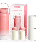 Portable Breastmilk Cooler For Travel And Daily Grind, Reusable 22oz Two Pack Bottle Chiller with pink design and white carrier.