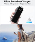 Hand holding 27000mAh 120W Fast Charging Power Bank With 3 Ports And Smart Display, compact size for travel outdoors.