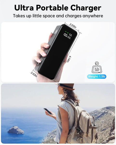 Hand holding 27000mAh 120W Fast Charging Power Bank With 3 Ports And Smart Display, compact size for travel outdoors.