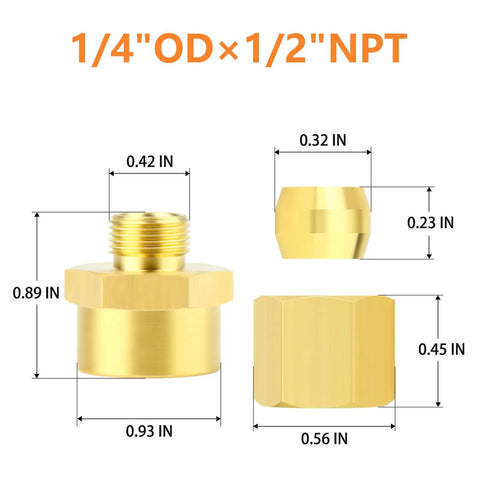 Brass Compression Union Fittings Kit 5 Pack 1/4 Inch Tube OD To 1/2 Inch NPT Female Connectors with dimensions shown
