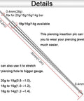 Dimensions of Titanium Piercing Kit 14G 16G 18G 20G ASTM F136 Hypoallergenic Threadless Push In Taper Insertion Pins