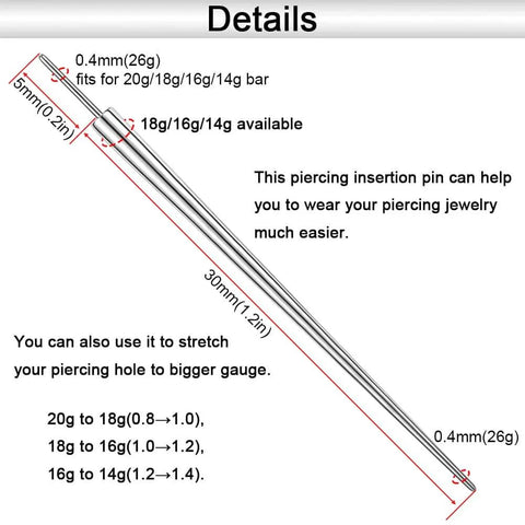 Dimensions of Titanium Piercing Kit 14G 16G 18G 20G ASTM F136 Hypoallergenic Threadless Push In Taper Insertion Pins