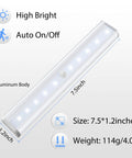 Under Cabinet Lights 10 LED Battery Powered Motion Sensor Closet Lights Stick Anywhere Magnetic Indoor Lighting for Stair Kitchen Wardrobe Hallway 6 Pack. Aluminum body with dimensions 7.5 x 1.2 inches, weight 114g.