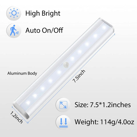 Under Cabinet Lights 10 LED Battery Powered Motion Sensor Closet Lights Stick Anywhere Magnetic Indoor Lighting for Stair Kitchen Wardrobe Hallway 6 Pack. Aluminum body with dimensions 7.5 x 1.2 inches, weight 114g.