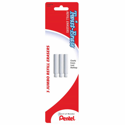Front view of Jumbo Non Abrasive Refill Erasers Pack Of 3 For Twist Erase Pencils Side FX Click Express And III Clean Erasing