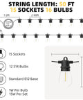 Diagram of Outdoor String Lights 50ft Commercial Grade LED Patio Lighting With 16 Dimmable 1W Edison Bulbs Shatterproof IP65 Waterproof