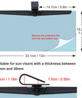Polarized Sun Visor Extender For Cars With UV400 Blocker And Adjustable Clip On Design Universal Car Visor Extension shown with dimensions.