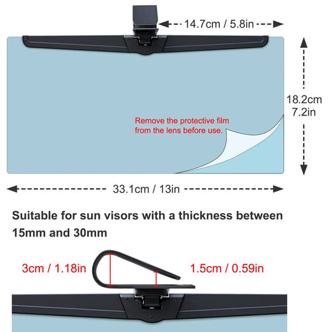 Polarized Sun Visor Extender For Cars With UV400 Blocker And Adjustable Clip On Design Universal Car Visor Extension shown with dimensions.