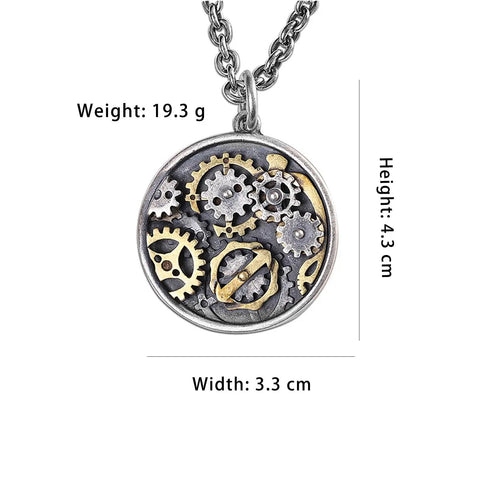 Vintage Style Compass Gear Pendant For Men Made From Real 925 Sterling Silver With Rustic Finish Unique Birthday Gift Piece, 4.3cm high, 3.3cm wide, 19.3g.