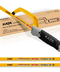 Front view of KATA mini hacksaw for metal cutting with 10-inch aluminum frame and two bi-metal blades; yellow handle.