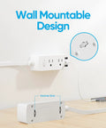 Flat Plug Power Strip With Five Foot Extension Cord giving six wide spaced AC outlets plus three USB charging ports, wall mountable design.