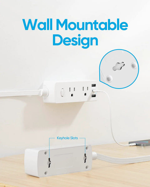 Super Slick Flat Plug Power Strip With 5 Ft Extension Cord 6 Widely Spaced Wall Outlets Plus 3 Fast Charge USB Ports For Hiding Behind Furniture Setup White 2 Pack Bundle mounted on wall with keyhole slots visible.