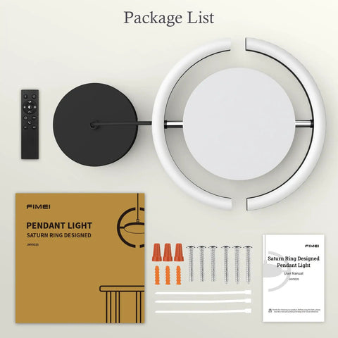 Straight Fire Vibe For Your Home Decor Featuring Fresh Saturn Ring Pendant Light With Remote Dimming And Sleek Black Overhead Ceiling Fixture For Kitchen Or Dining Room package list with pendant light, remote, manual, screws, and accessories.