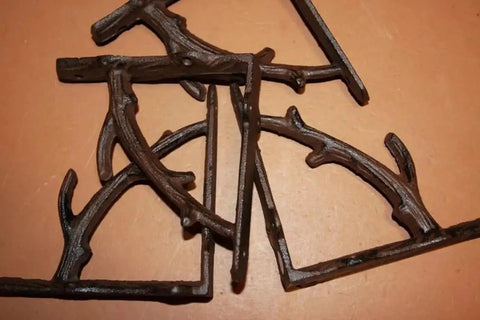 Tree Branch Themed Shelf Brackets Set Of Six, Heavy Duty Rustic Steel Supports For Open Shelves, Forest Style Mounts