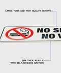 No Smoking No Vaping Sign Set Of 4, 9 By 3 Inch Stick On Wall Signs, close-up of bold lettering and adhesive backing