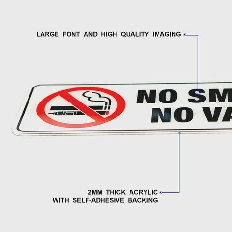 No Smoking No Vaping Sign Set Of 4, 9 By 3 Inch Stick On Wall Signs, close-up of bold lettering and adhesive backing