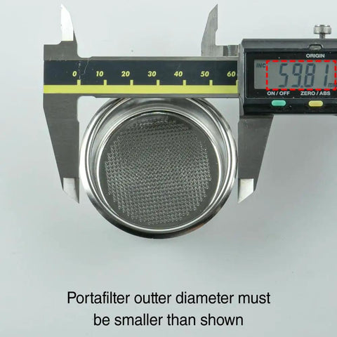 Barista-Grade 51mm Espresso Filter Basket With 593 Micro-Perforations and digital caliper measurement showing dimensions
