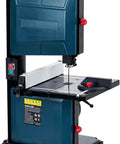 Eight Inch Benchtop Band Saw With 1800 Rpm Motor, blue body, table and blade visible, perfect for cutting wood and metals.