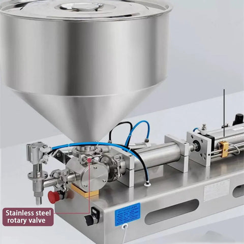 Built Like A Tank Horizontal Pneumatic Liquid Paste Filling Machine with stainless steel rotary valve, designed for easy filling.