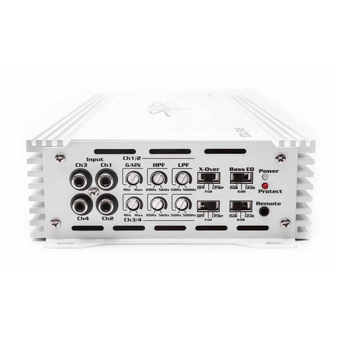 Rear view of RP-75.4ABM 500 Watt Full Range Class AB 4 Channel Marine Amplifier showing input, gain, and crossover controls.