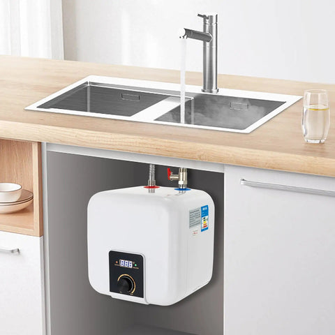 Compact 2.11 Gallon Electric Water Heater Delivering Kickin 1500W Heating And Instant Hot Water Mini Tank Storage under kitchen sink.