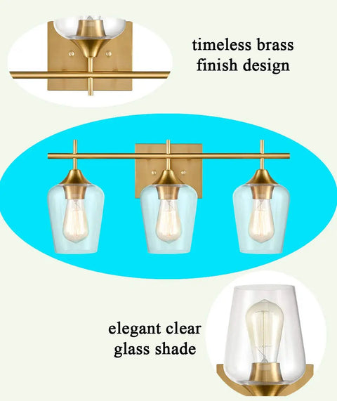 Industrial Bathroom Vanity Lights 3 Light Wall Sconces with Clear Glass Shades and Gold Finish Mid Century Inspired Bath Lighting