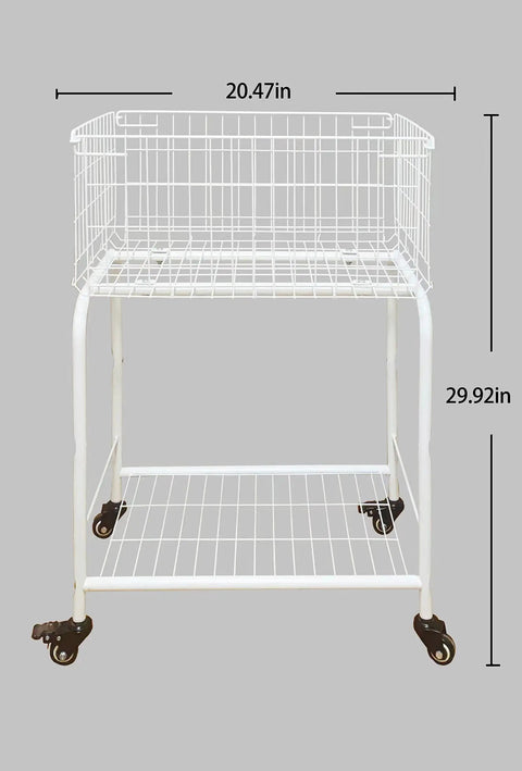 Rolling Laundry Basket With Wheels And Brakes, White Wire Garment Storage Cart With Visible Storage Space, front view