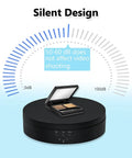Black 360 Degree Rotating Display Stand With Motorized Spinning Platform for Photography showcasing silent design feature with makeup item.