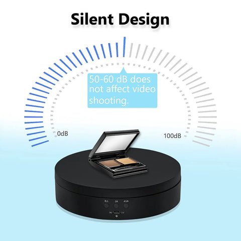 Black 360 Degree Rotating Display Stand With Motorized Spinning Platform for Photography showcasing silent design feature with makeup item.