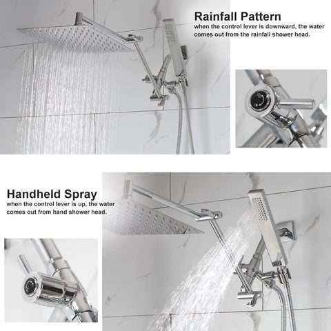 10 Inch Rainfall Shower Head With Handheld Spray Combo In All Metal Chrome 3 Way Diverter Adjustable Extension Arm