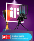 AmpliGame USB Gaming Microphone For PC And PS5 with award, quick mute RGB indicator, tripod stand, pop filter, shock mount.