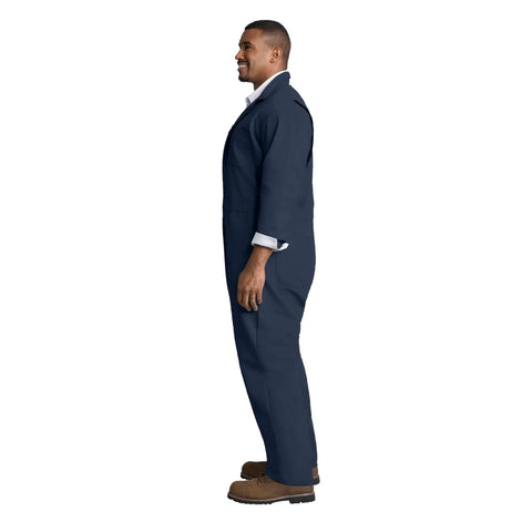 Mens Heavyweight Twill Coveralls Tall Extension Navy Blue Workwear Jumpsuit Featuring Action Back displayed side view on model.