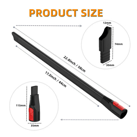 Ultra Flexible 22 Inch Long Crevice Tool for Dyson V7 to V15 Vacuums with size details and black rubber ABS material