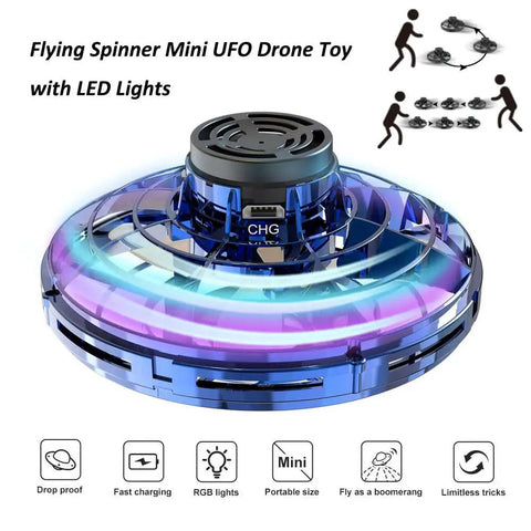 Flying Spinner UFO Drone Hand Controlled Mini Fidget Toy for Teens and Adults with RGB LED and sensor flight.